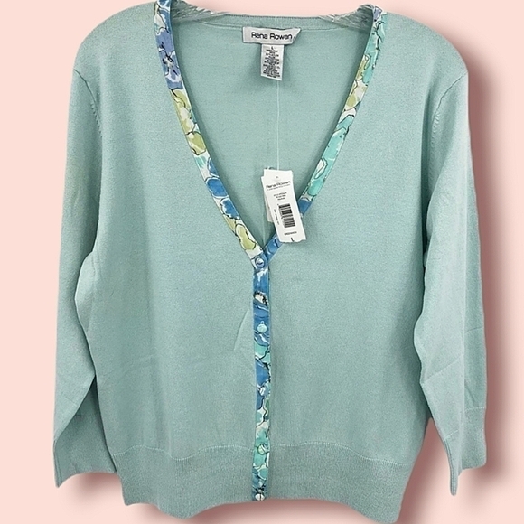 Rena Rowan Sweaters - New Rena Rowan Women's L Aqua Green Silk Long Sleeve Cardigan with Artsy Print